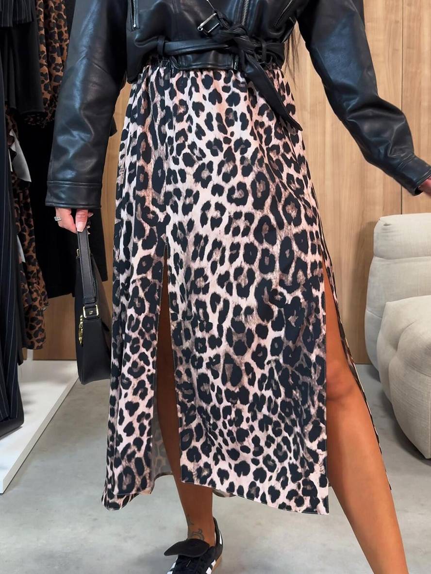 Heidi-Mode | Lange Gestreifte Leopardensatinrock mit Schlitz An Der Seite für Damen Elegant Lässige Mode