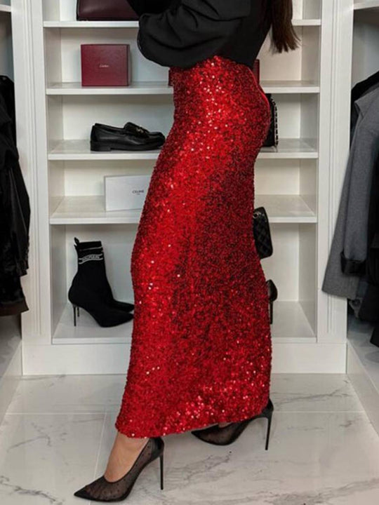 Heidi-Mode | Langer Rock Glänzend Pailletten Reißverschluss Damen Elegant Casual Mode Abendkleidung Zeremonie