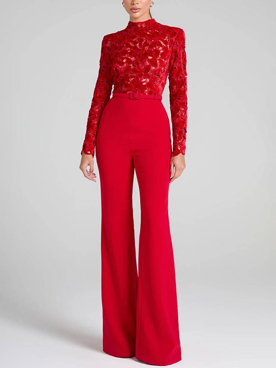 Heidi-Mode | Ausgestellte Jumpsuits Englische Stickerei Runder Ausschnitt Lange Ärmel Gürtel Frauen Elegant Lässig Slim Fitness