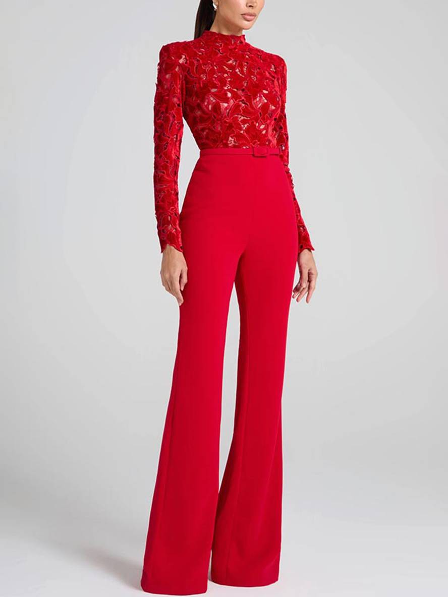 Heidi-Mode | Ausgestellte Jumpsuits Englische Stickerei Runder Ausschnitt Lange Ärmel Gürtel Frauen Elegant Lässig Slim Fitness