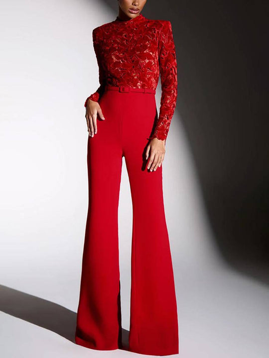 Heidi-Mode | Ausgestellte Jumpsuits Englische Stickerei Runder Ausschnitt Lange Ärmel Gürtel Frauen Elegant Lässig Slim Fitness