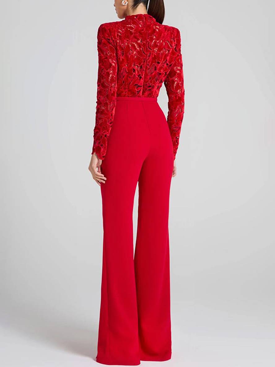 Heidi-Mode | Ausgestellte Jumpsuits Englische Stickerei Runder Ausschnitt Lange Ärmel Gürtel Frauen Elegant Lässig Slim Fitness