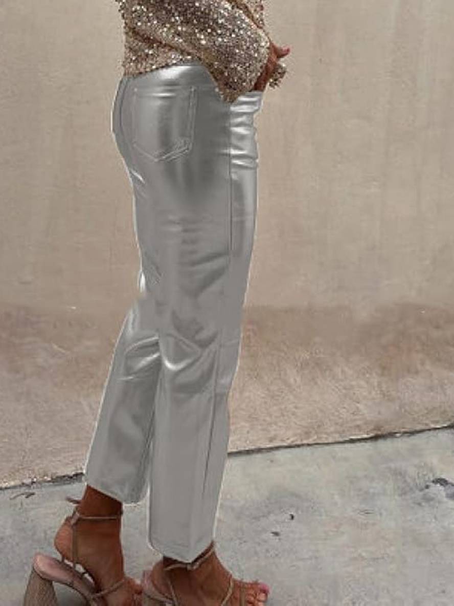 Heidi-Mode | Gerade Hose Reißverschluss Taschen Mittlere Taille Damen Elegant Casual Mode