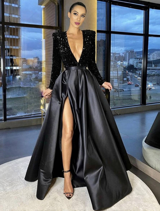 Heidi-Mode | Lange Glänzende Pailletten Kleid mit Schlitz An Der Seite V-Ausschnitt Lange Ärmel Damen Elegantes Abendkleid