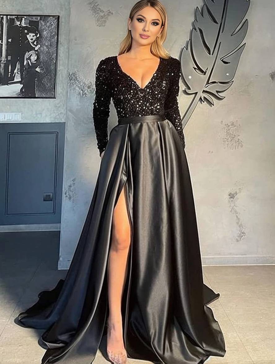 Heidi-Mode | Lange Glänzende Pailletten Kleid mit Schlitz An Der Seite V-Ausschnitt Lange Ärmel Damen Elegantes Abendkleid