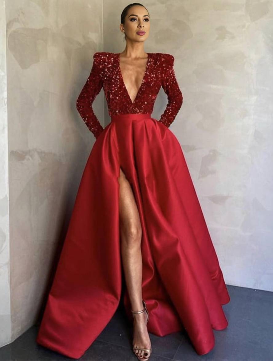 Heidi-Mode | Lange Glänzende Pailletten Kleid mit Schlitz An Der Seite V-Ausschnitt Lange Ärmel Damen Elegantes Abendkleid