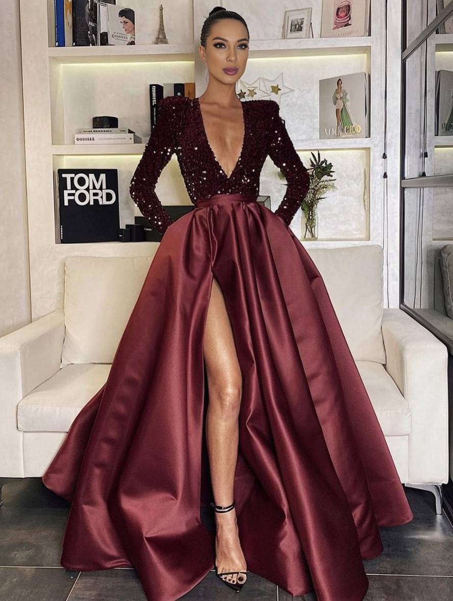 Heidi-Mode | Lange Glänzende Pailletten Kleid mit Schlitz An Der Seite V-Ausschnitt Lange Ärmel Damen Elegantes Abendkleid