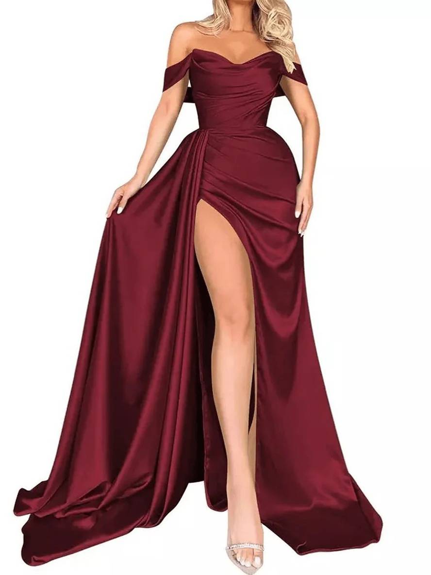 Heidi-Mode | Lange Kleid Schlitz Seitlich Rückenfrei Bootauschnitt Ohne Ärmel Damen Elegant Abendkleid
