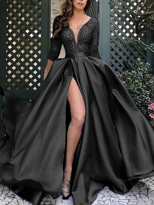 Heidi-Mode | Maxi Lange Robe mit Spitze Seitlich V-Ausschnitt Elegante Damen Abendzeremonie