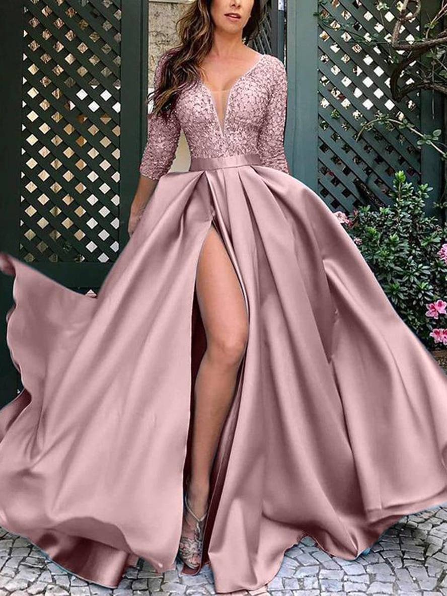Heidi-Mode | Maxi Lange Robe mit Spitze Seitlich V-Ausschnitt Elegante Damen Abendzeremonie
