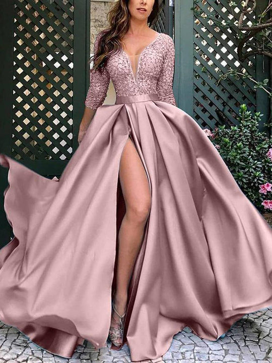Heidi-Mode | Maxi Lange Robe mit Spitze Seitlich V-Ausschnitt Elegante Damen Abendzeremonie