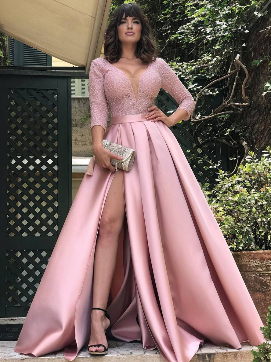 Heidi-Mode | Maxi Lange Robe mit Spitze Seitlich V-Ausschnitt Elegante Damen Abendzeremonie