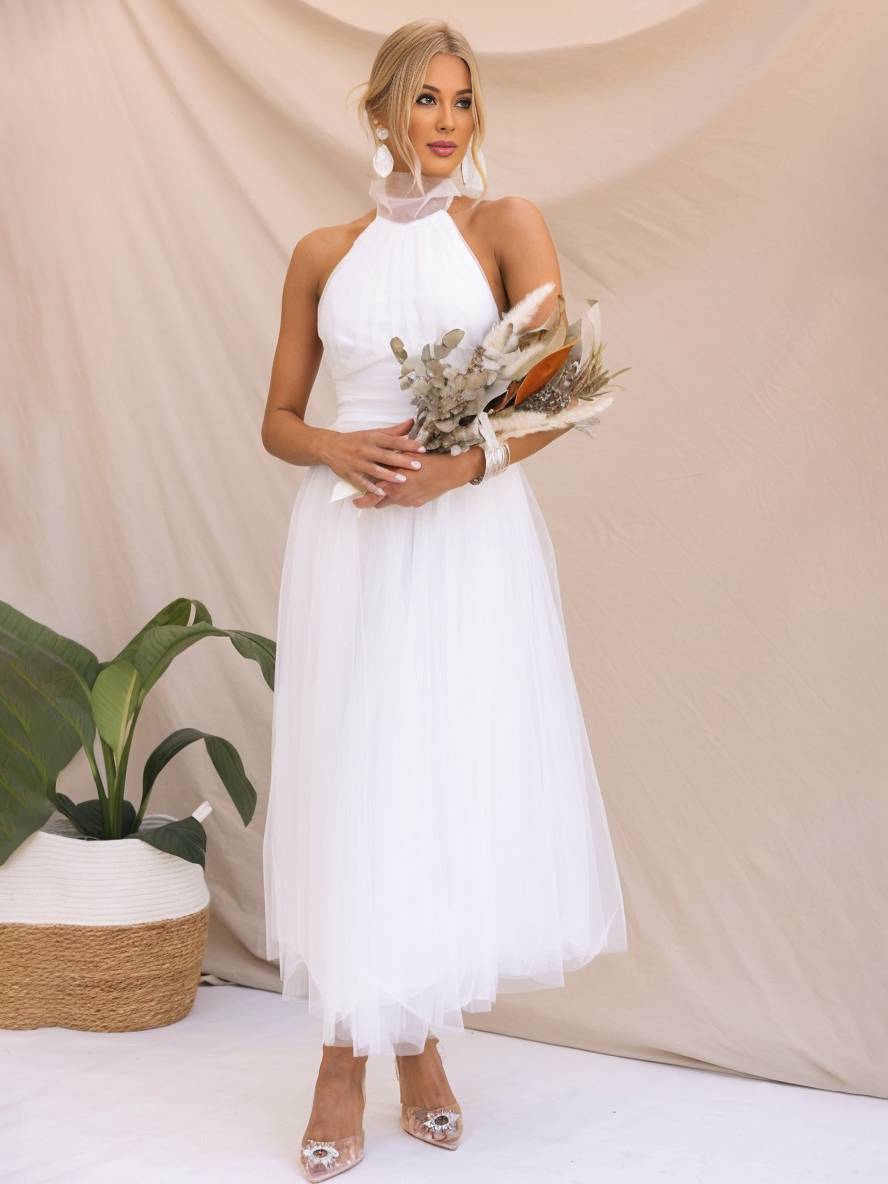 Heidi-Mode | Langes A-Linien Kleid Halter Ausschnitte Tutu In Tüll Schmetterlingsschleife Ärmellos Damen Weich Elegant Abendball Prom