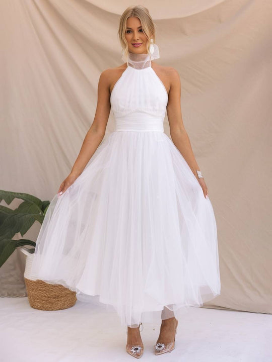 Heidi-Mode | Langes A-Linien Kleid Halter Ausschnitte Tutu In Tüll Schmetterlingsschleife Ärmellos Damen Weich Elegant Abendball Prom
