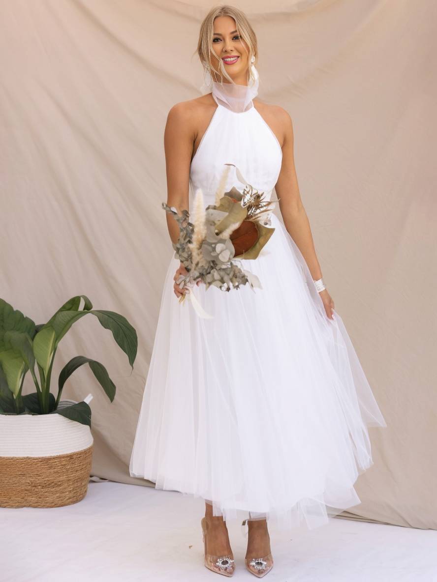 Heidi-Mode | Langes A-Linien Kleid Halter Ausschnitte Tutu In Tüll Schmetterlingsschleife Ärmellos Damen Weich Elegant Abendball Prom