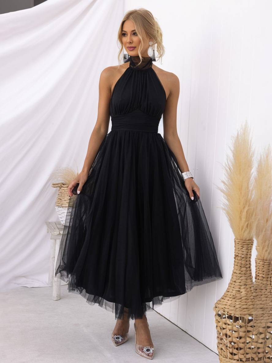 Heidi-Mode | Langes A-Linien Kleid Halter Ausschnitte Tutu In Tüll Schmetterlingsschleife Ärmellos Damen Weich Elegant Abendball Prom