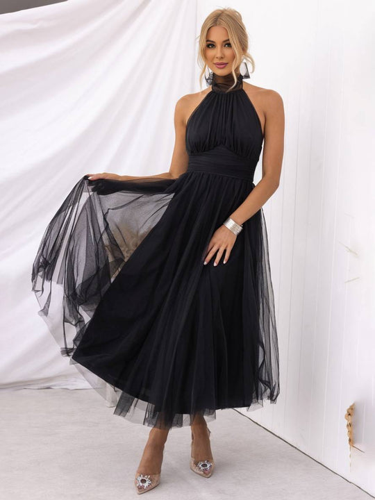 Heidi-Mode | Langes A-Linien Kleid Halter Ausschnitte Tutu In Tüll Schmetterlingsschleife Ärmellos Damen Weich Elegant Abendball Prom