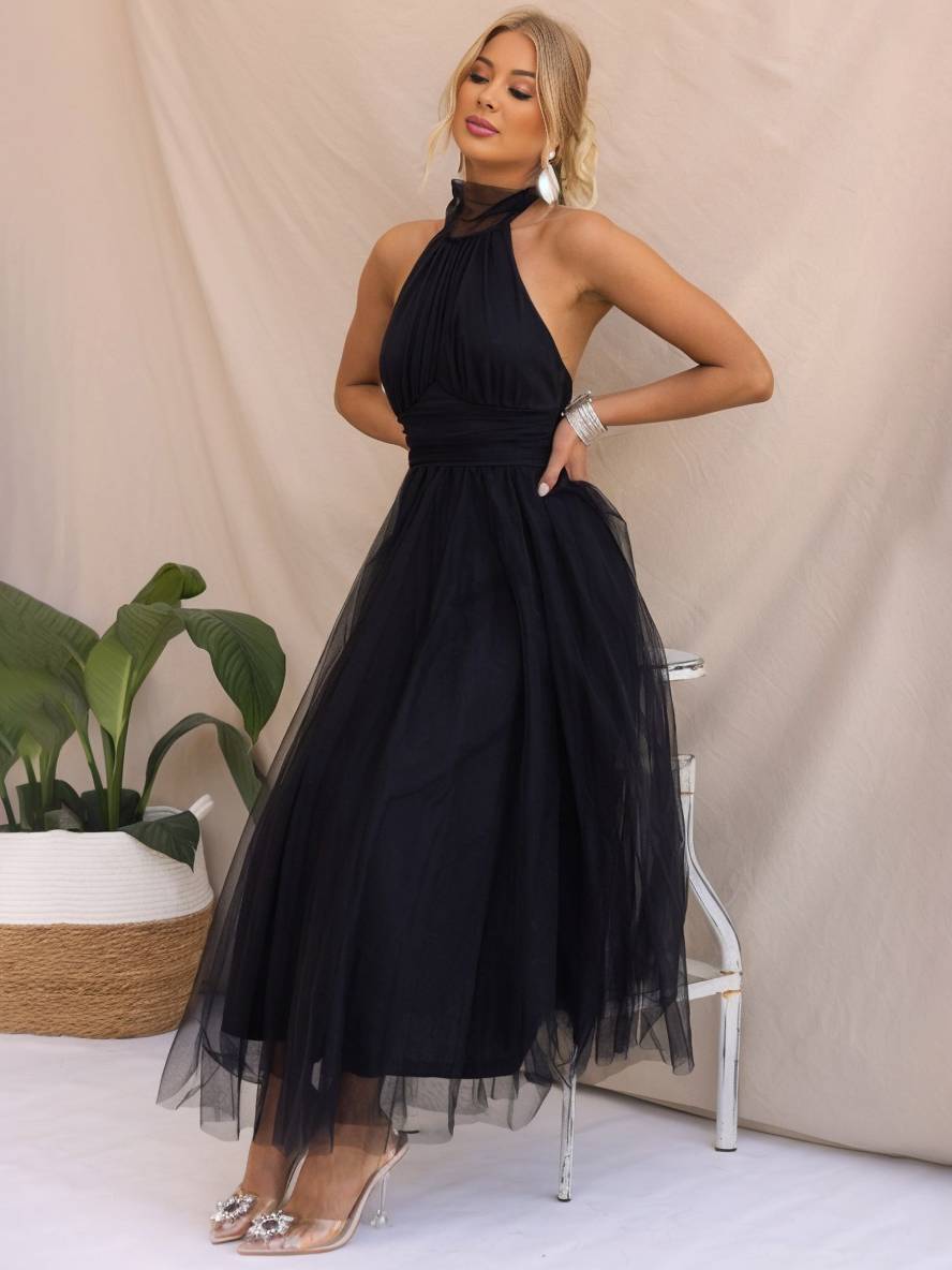 Heidi-Mode | Langes A-Linien Kleid Halter Ausschnitte Tutu In Tüll Schmetterlingsschleife Ärmellos Damen Weich Elegant Abendball Prom