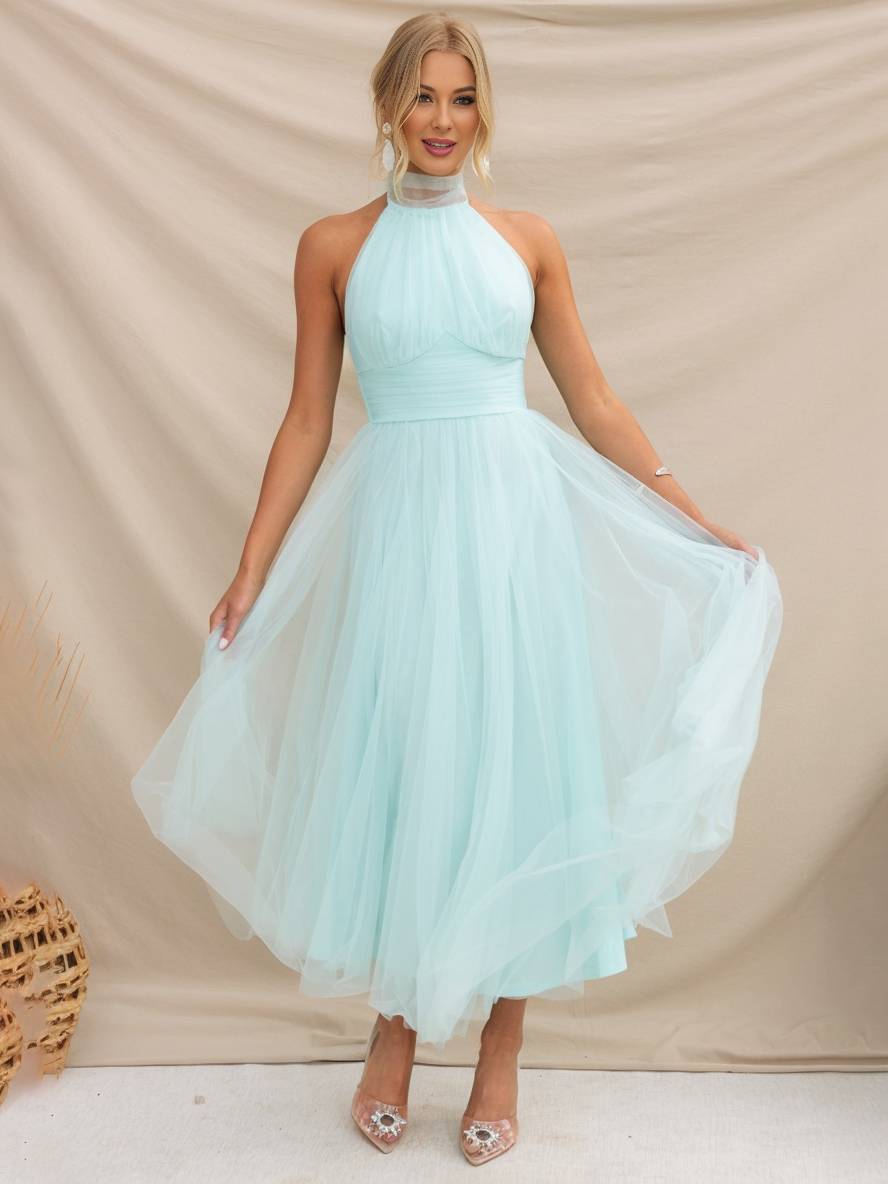 Heidi-Mode | Langes A-Linien Kleid Halter Ausschnitte Tutu In Tüll Schmetterlingsschleife Ärmellos Damen Weich Elegant Abendball Prom