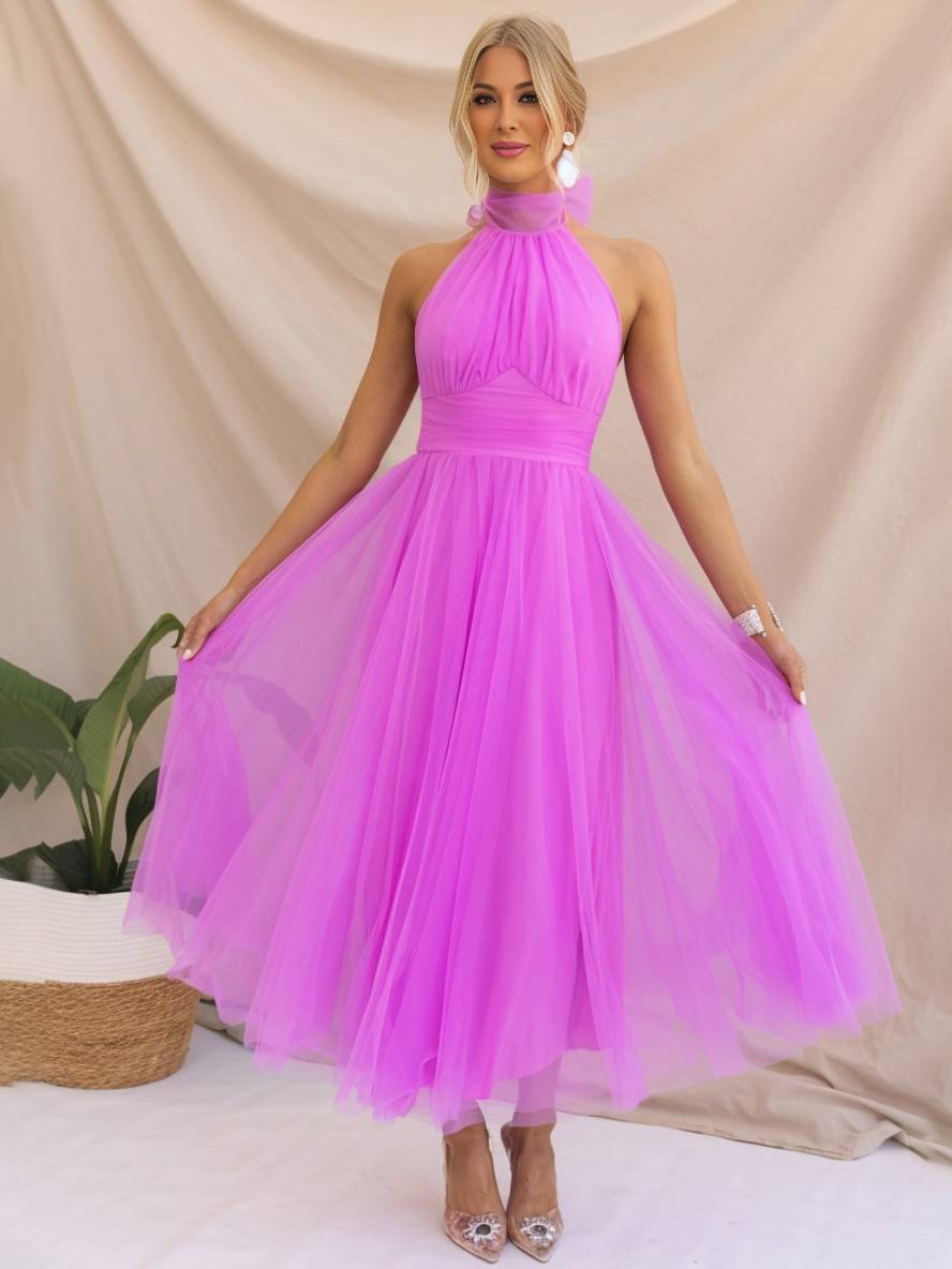 Heidi-Mode | Langes A-Linien Kleid Halter Ausschnitte Tutu In Tüll Schmetterlingsschleife Ärmellos Damen Weich Elegant Abendball Prom