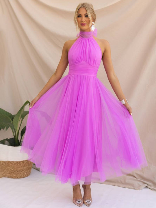 Heidi-Mode | Langes A-Linien Kleid Halter Ausschnitte Tutu In Tüll Schmetterlingsschleife Ärmellos Damen Weich Elegant Abendball Prom