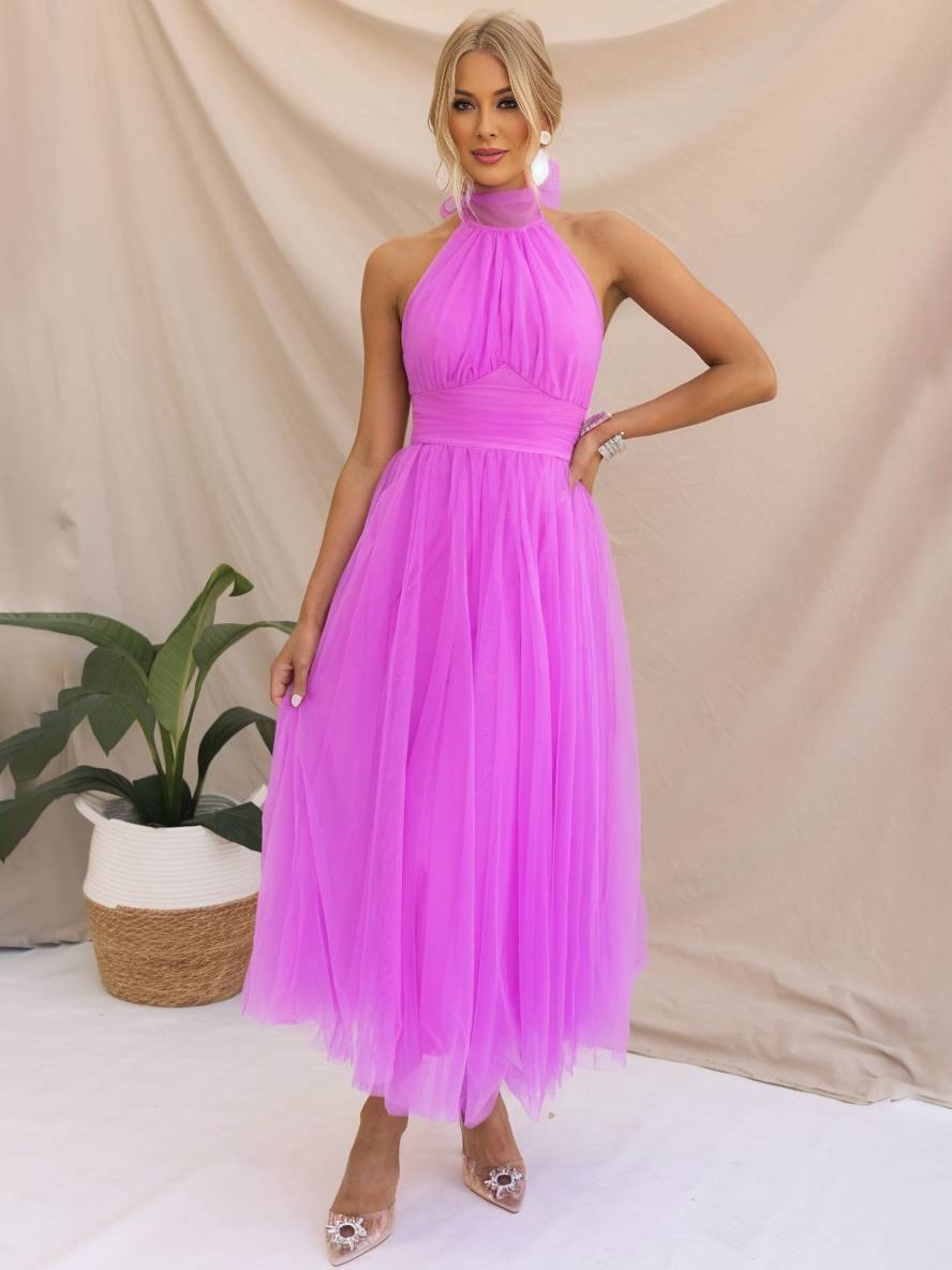 Heidi-Mode | Langes A-Linien Kleid Halter Ausschnitte Tutu In Tüll Schmetterlingsschleife Ärmellos Damen Weich Elegant Abendball Prom