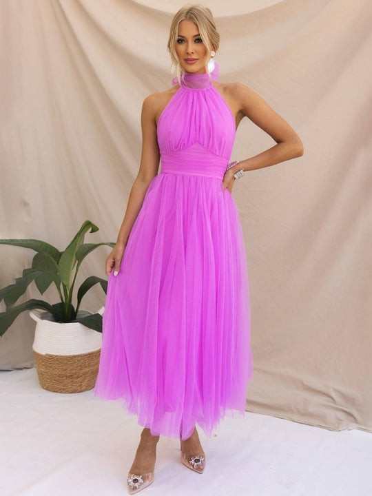 Heidi-Mode | Langes A-Linien Kleid Halter Ausschnitte Tutu In Tüll Schmetterlingsschleife Ärmellos Damen Weich Elegant Abendball Prom