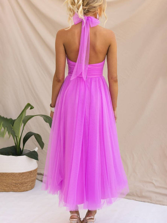 Heidi-Mode | Langes A-Linien Kleid Halter Ausschnitte Tutu In Tüll Schmetterlingsschleife Ärmellos Damen Weich Elegant Abendball Prom