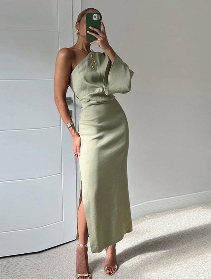 Heidi-Mode | Ungleichmäßiges Langes Kleid Eine Schulter Trompetenärmel Lange Ärmel Damen Elegant Casual Abschlussball