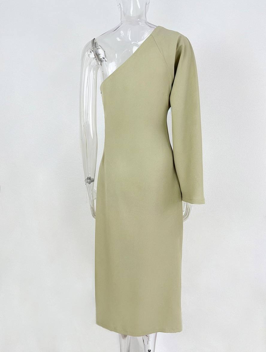 Heidi-Mode | Ungleichmäßiges Langes Kleid Eine Schulter Trompetenärmel Lange Ärmel Damen Elegant Casual Abschlussball