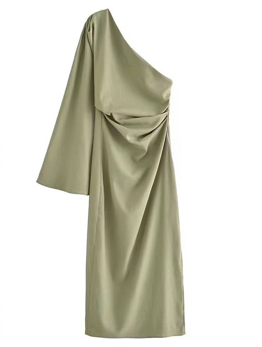 Heidi-Mode | Ungleichmäßiges Langes Kleid Eine Schulter Trompetenärmel Lange Ärmel Damen Elegant Casual Abschlussball