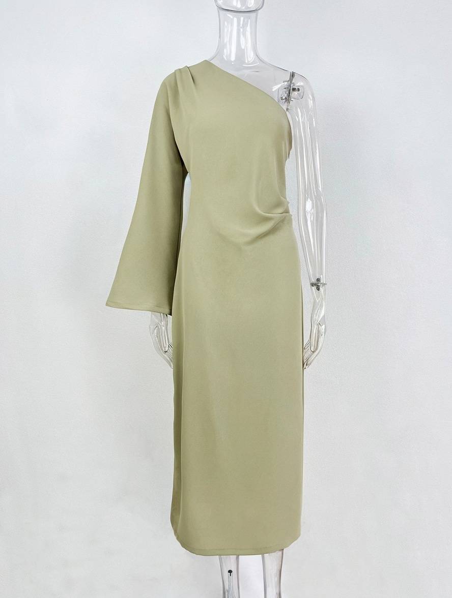 Heidi-Mode | Ungleichmäßiges Langes Kleid Eine Schulter Trompetenärmel Lange Ärmel Damen Elegant Casual Abschlussball