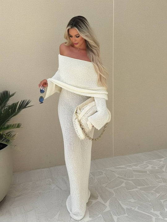 Heidi-Mode | Lange Robe mit Ausschnitten aus Baumwolle Boot-Ausschnitt Lange Ärmel Elegante Legere Strandmode