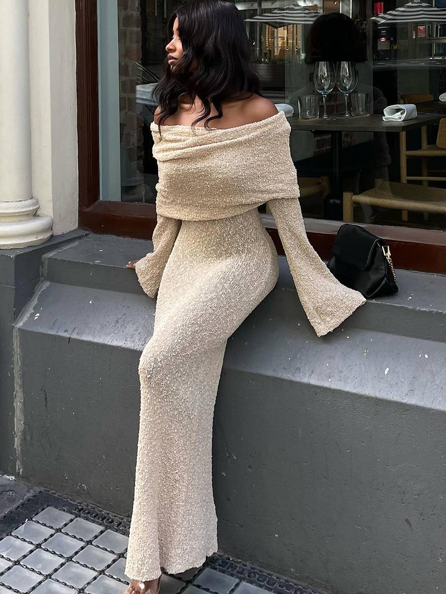 Heidi-Mode | Lange Robe mit Ausschnitten aus Baumwolle Boot-Ausschnitt Lange Ärmel Elegante Legere Strandmode
