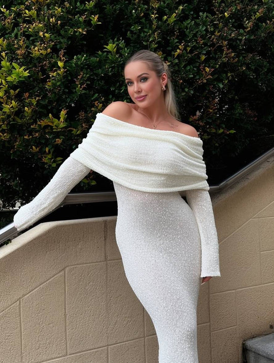 Heidi-Mode | Lange Robe mit Ausschnitten aus Baumwolle Boot-Ausschnitt Lange Ärmel Elegante Legere Strandmode