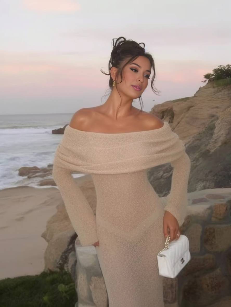 Heidi-Mode | Lange Robe mit Ausschnitten aus Baumwolle Boot-Ausschnitt Lange Ärmel Elegante Legere Strandmode