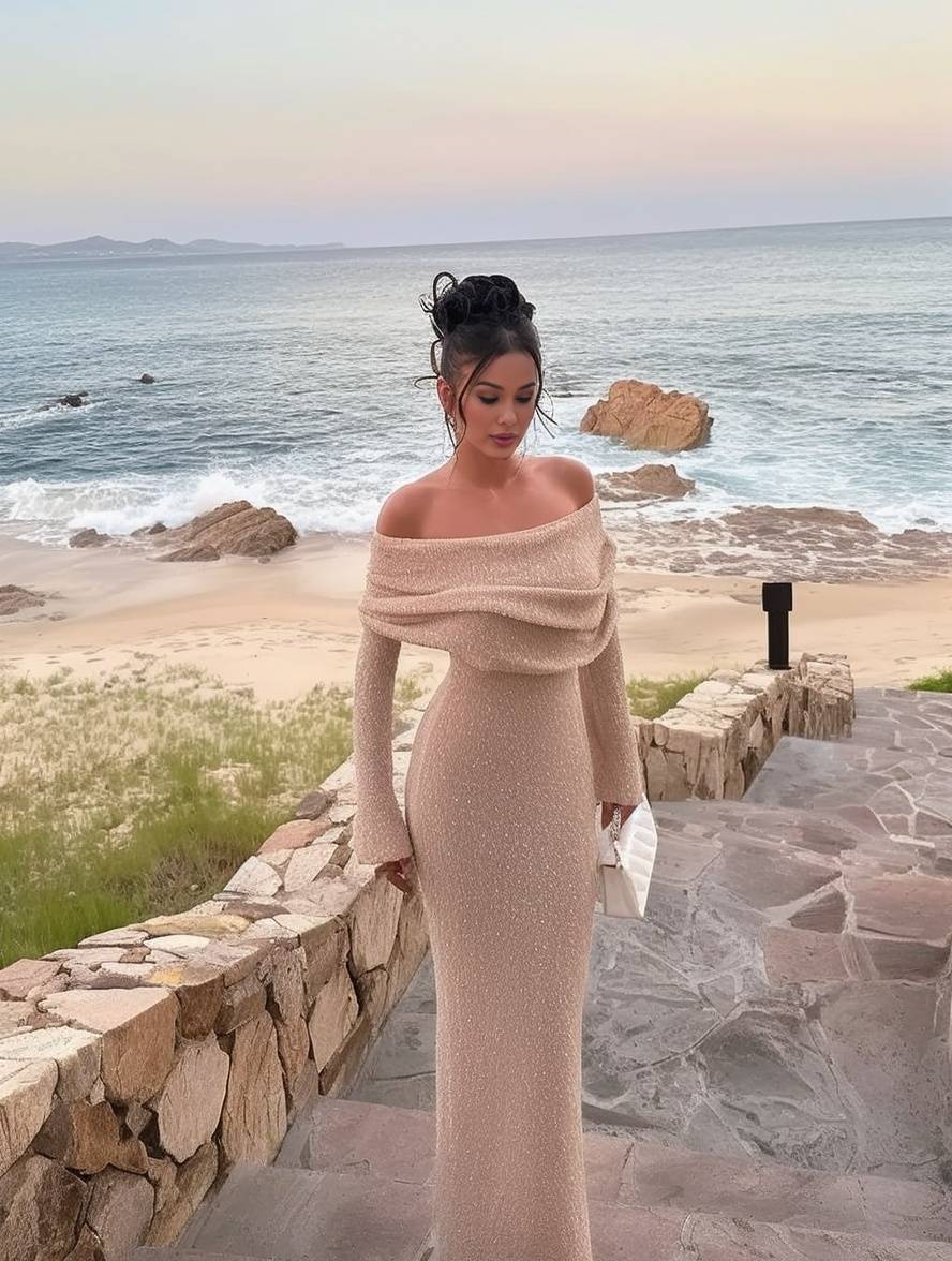 Heidi-Mode | Lange Robe mit Ausschnitten aus Baumwolle Boot-Ausschnitt Lange Ärmel Elegante Legere Strandmode