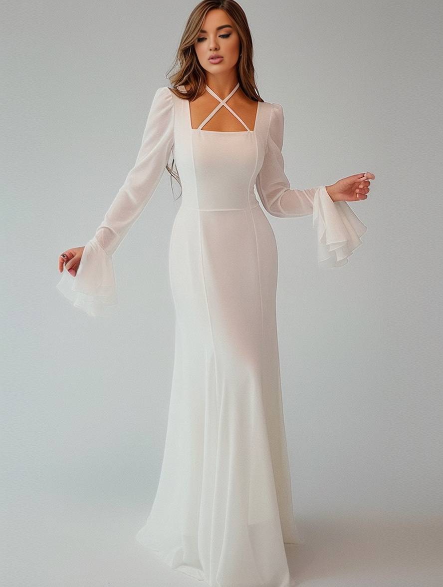 Heidi-Mode | Lange Kleid Chiffon mit Volants Halsband Karree Ärmel Trompete Lange Ärmel Elegant