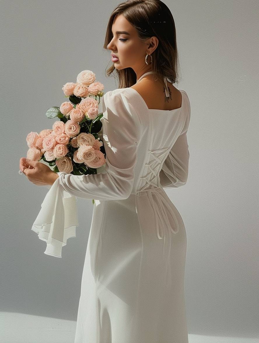 Heidi-Mode | Lange Kleid Chiffon mit Volants Halsband Karree Ärmel Trompete Lange Ärmel Elegant
