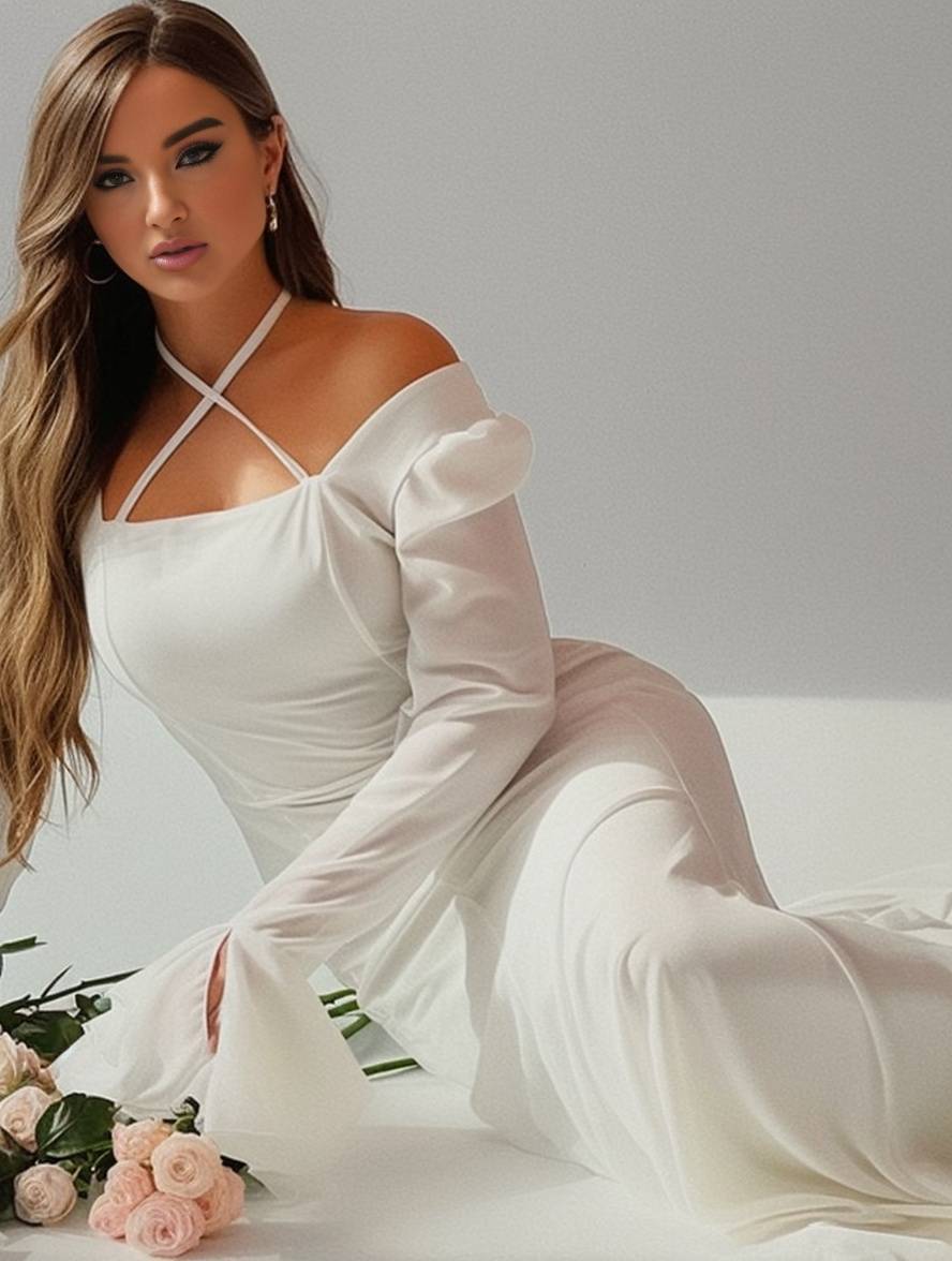 Heidi-Mode | Lange Kleid Chiffon mit Volants Halsband Karree Ärmel Trompete Lange Ärmel Elegant