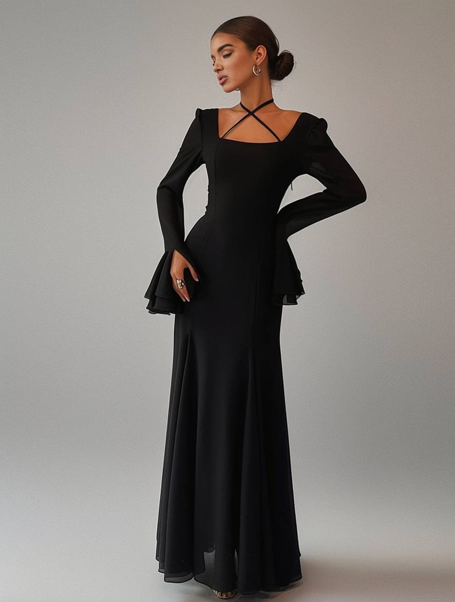 Heidi-Mode | Lange Kleid Chiffon mit Volants Halsband Karree Ärmel Trompete Lange Ärmel Elegant