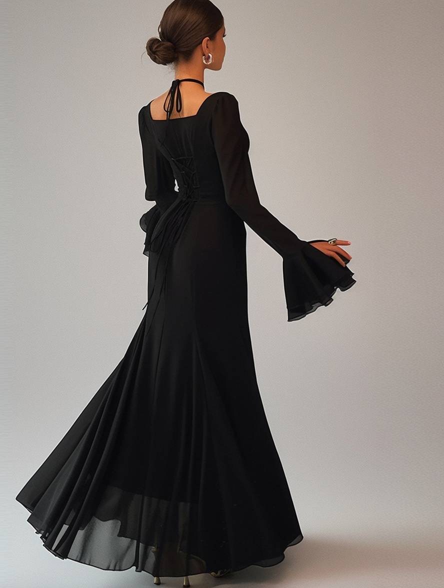 Heidi-Mode | Lange Kleid Chiffon mit Volants Halsband Karree Ärmel Trompete Lange Ärmel Elegant