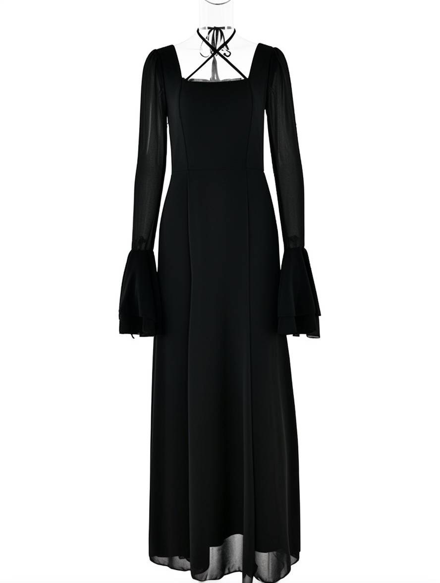 Heidi-Mode | Lange Kleid Chiffon mit Volants Halsband Karree Ärmel Trompete Lange Ärmel Elegant