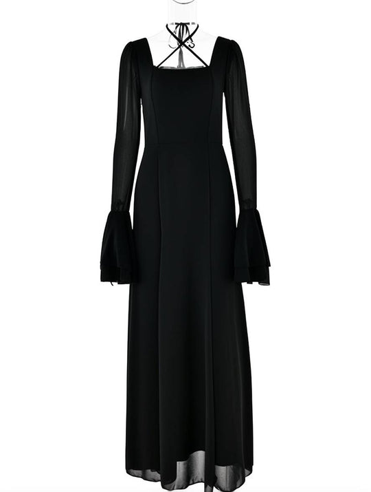 Heidi-Mode | Lange Kleid Chiffon mit Volants Halsband Karree Ärmel Trompete Lange Ärmel Elegant
