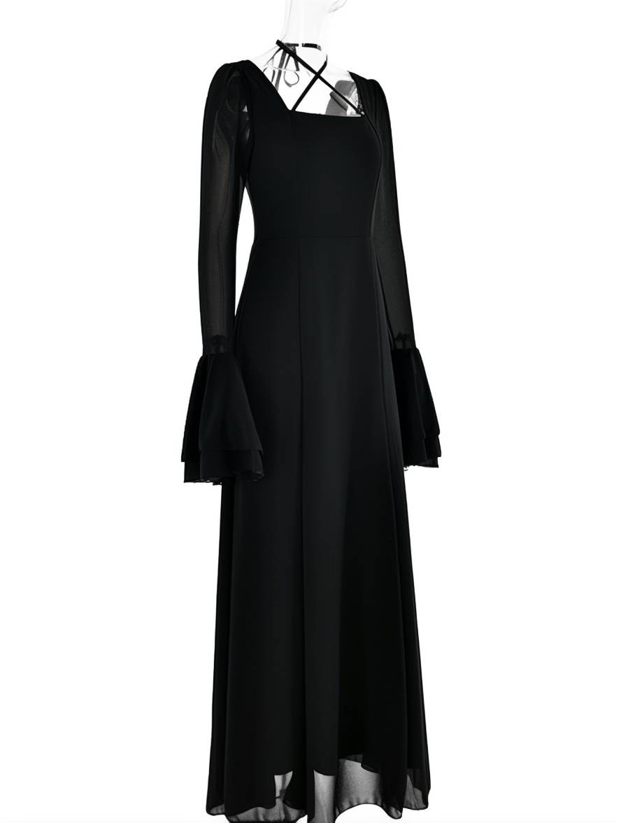 Heidi-Mode | Lange Kleid Chiffon mit Volants Halsband Karree Ärmel Trompete Lange Ärmel Elegant