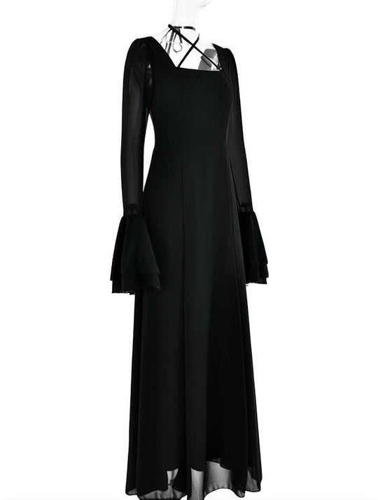 Heidi-Mode | Lange Kleid Chiffon mit Volants Halsband Karree Ärmel Trompete Lange Ärmel Elegant