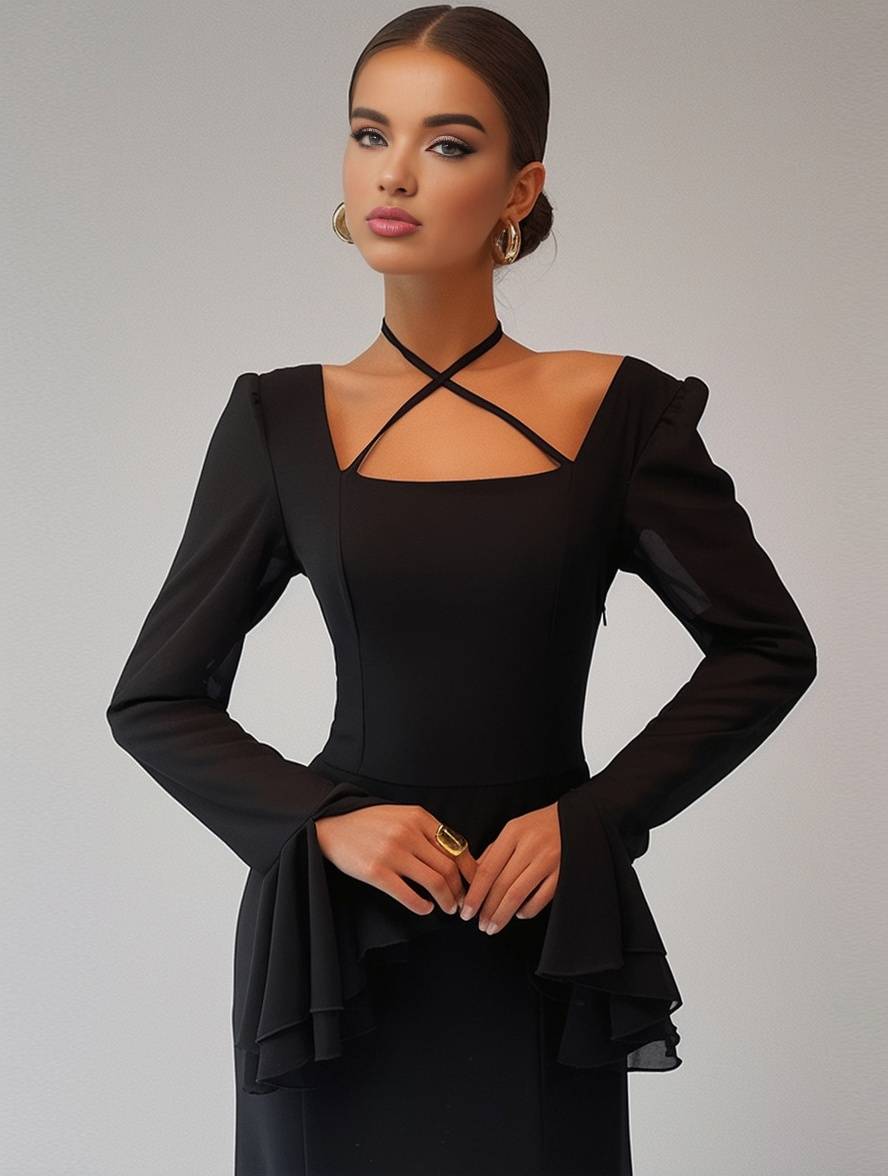 Heidi-Mode | Lange Kleid Chiffon mit Volants Halsband Karree Ärmel Trompete Lange Ärmel Elegant