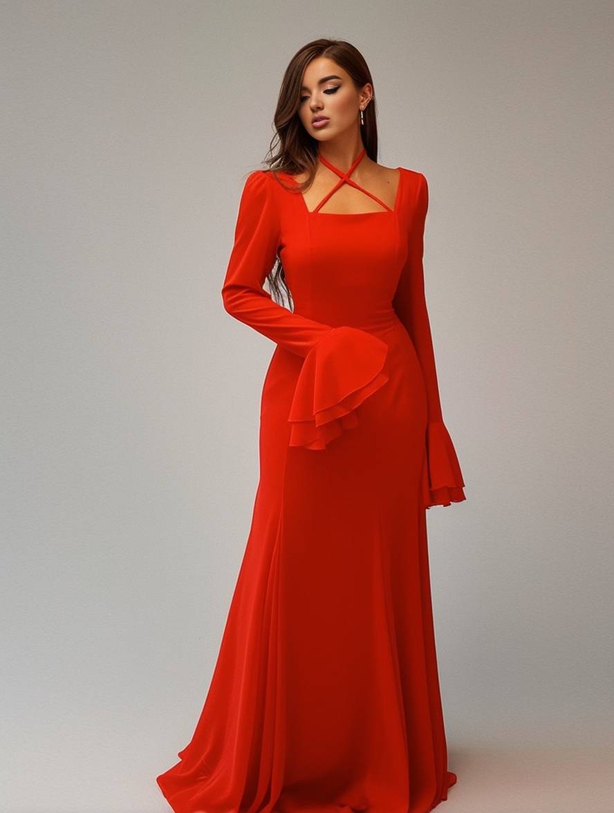 Heidi-Mode | Lange Kleid Chiffon mit Volants Halsband Karree Ärmel Trompete Lange Ärmel Elegant