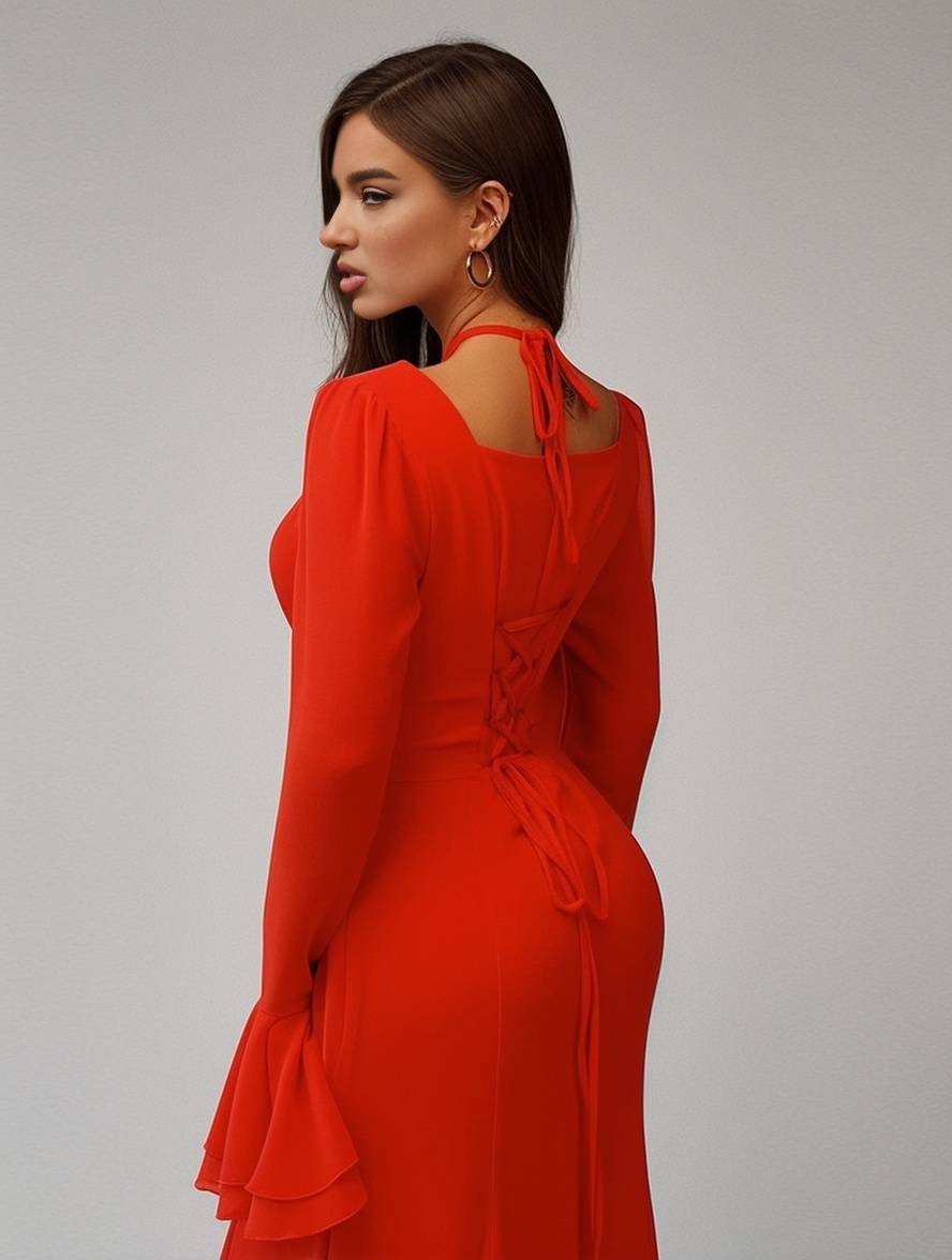 Heidi-Mode | Lange Kleid Chiffon mit Volants Halsband Karree Ärmel Trompete Lange Ärmel Elegant