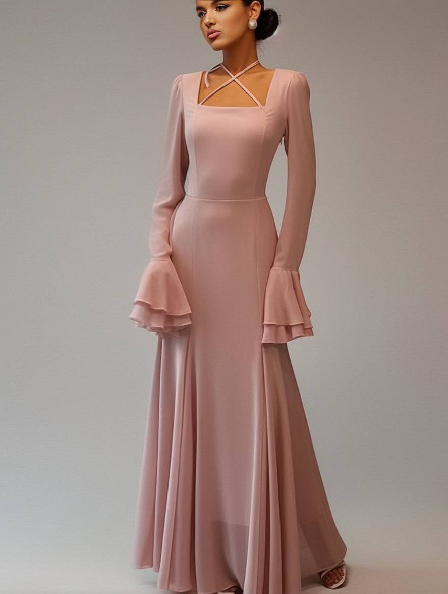 Heidi-Mode | Lange Kleid Chiffon mit Volants Halsband Karree Ärmel Trompete Lange Ärmel Elegant